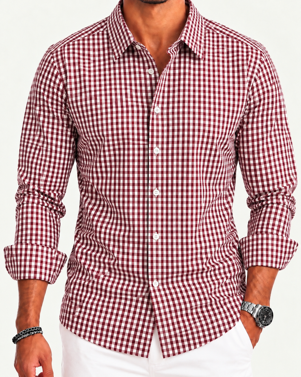 Camisa Slim Manga Larga - Cuadros Vino