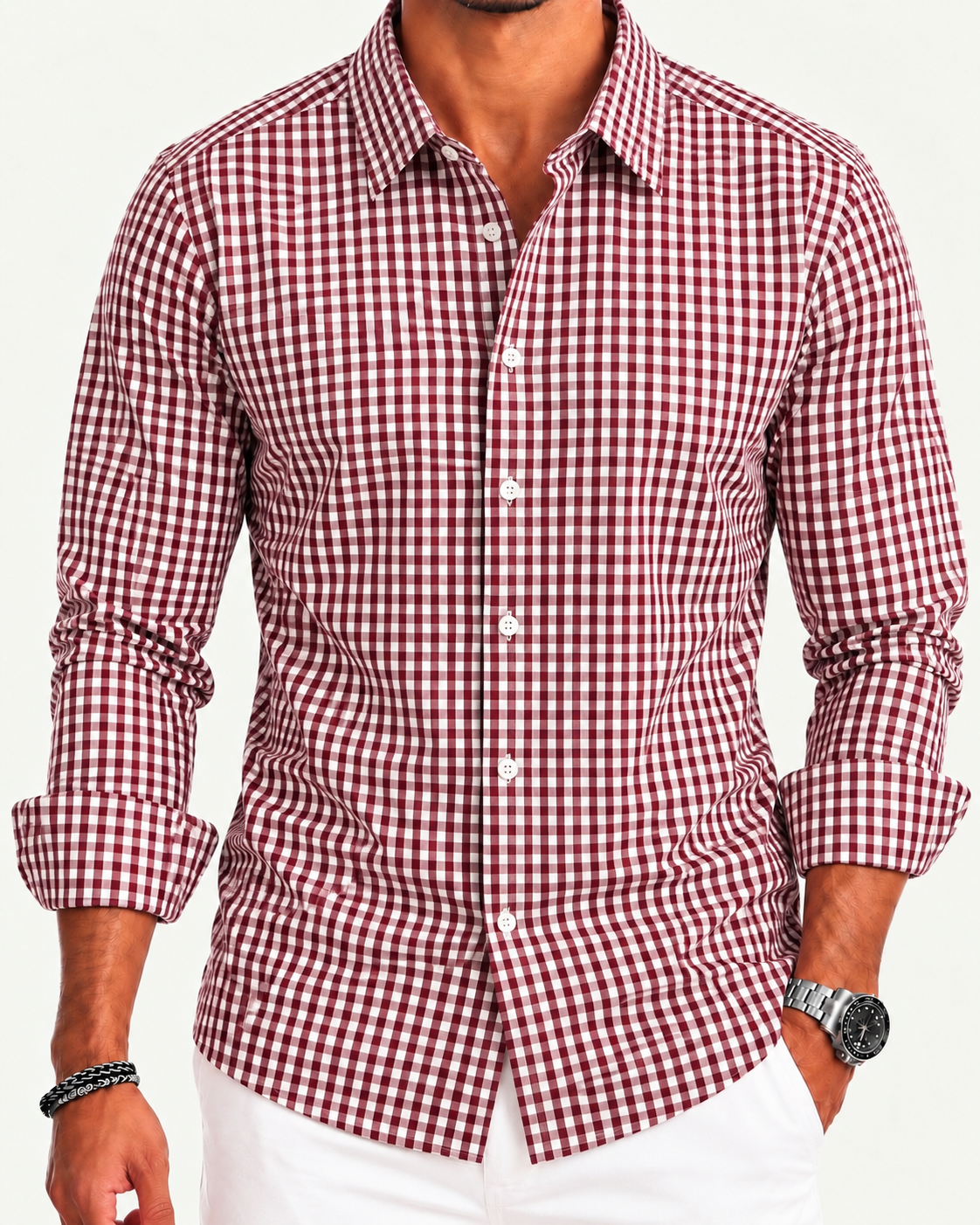 Camisa Slim Manga Larga - Cuadros Vino