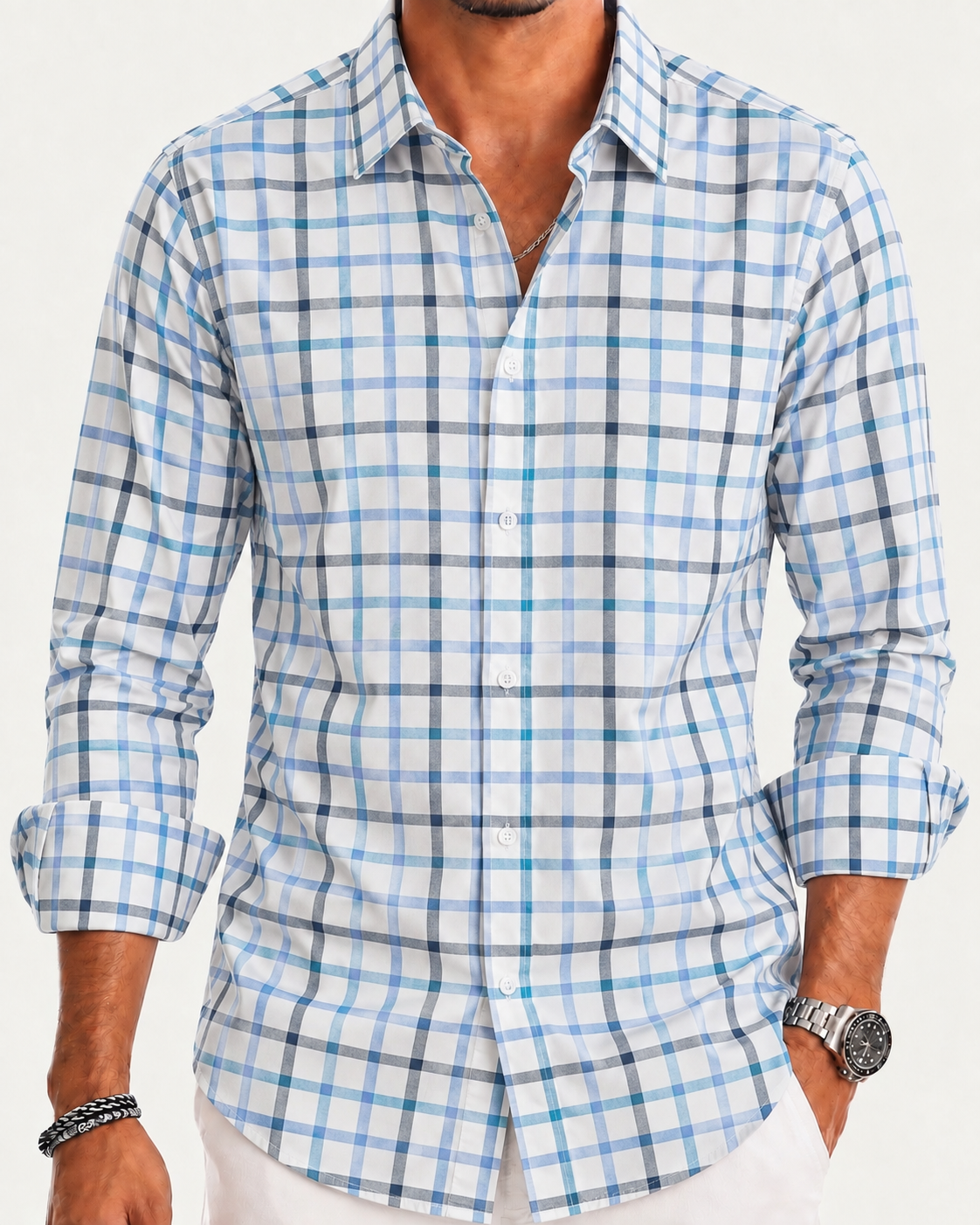 Camisa Slim Manga Larga - Multicuadro Blanco