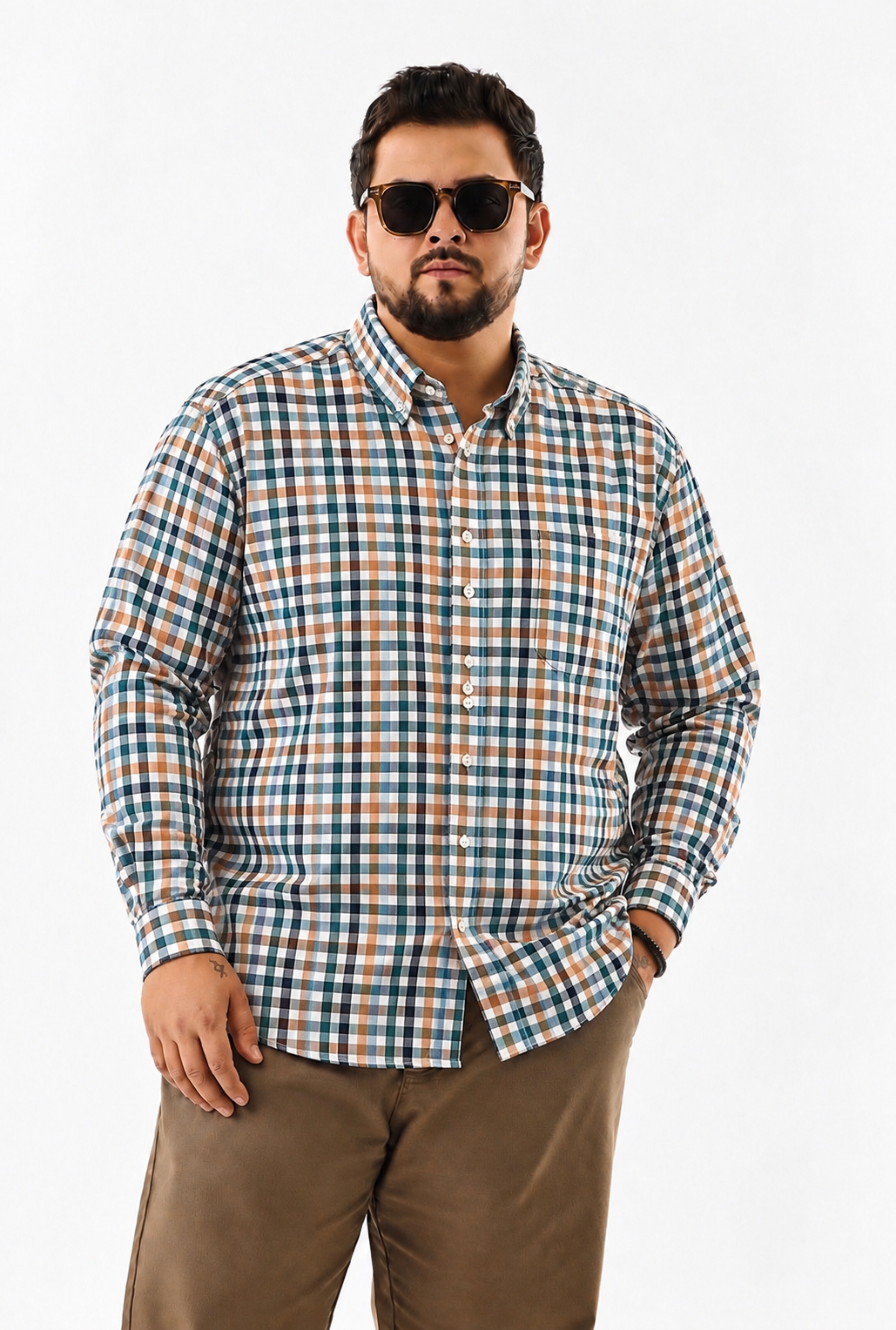 Camisa Regular Manga Larga - Cuadritos Naranja