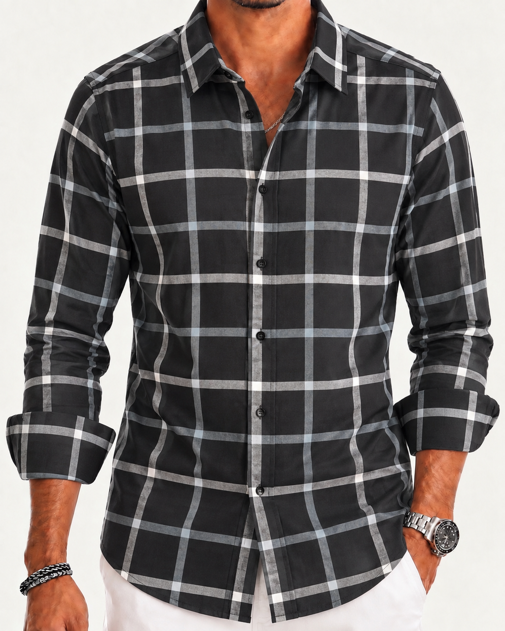Camisa Slim Manga Larga - Cuadros Negros