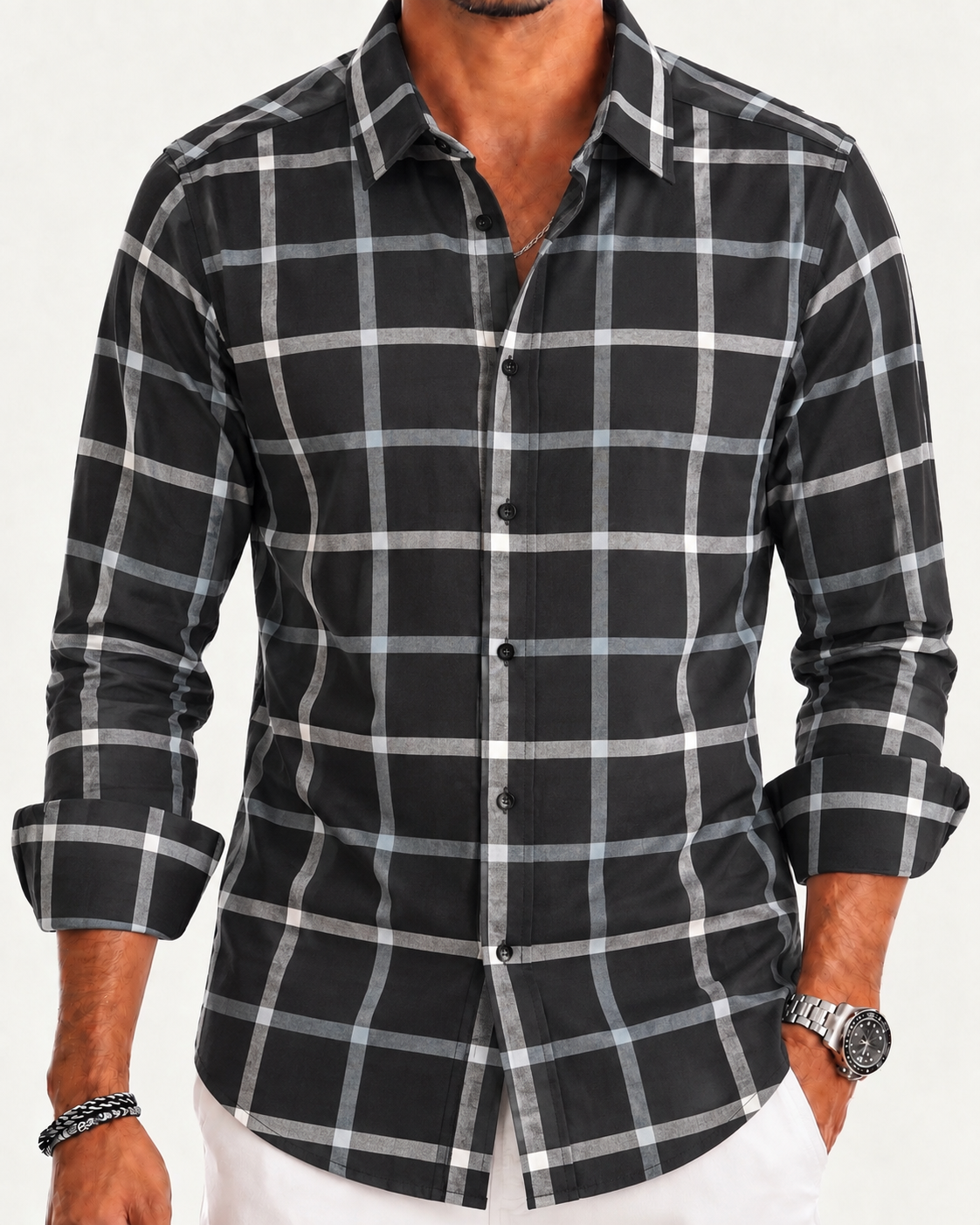 Camisa Slim Manga Larga - Cuadros Negros