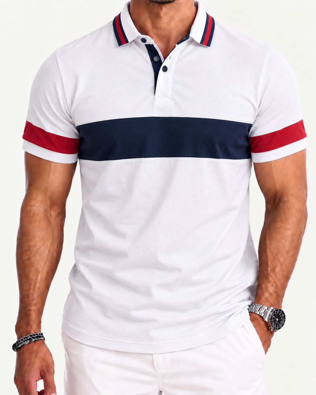 Playera Tipo Polo Rayas Altas - Blanca CL