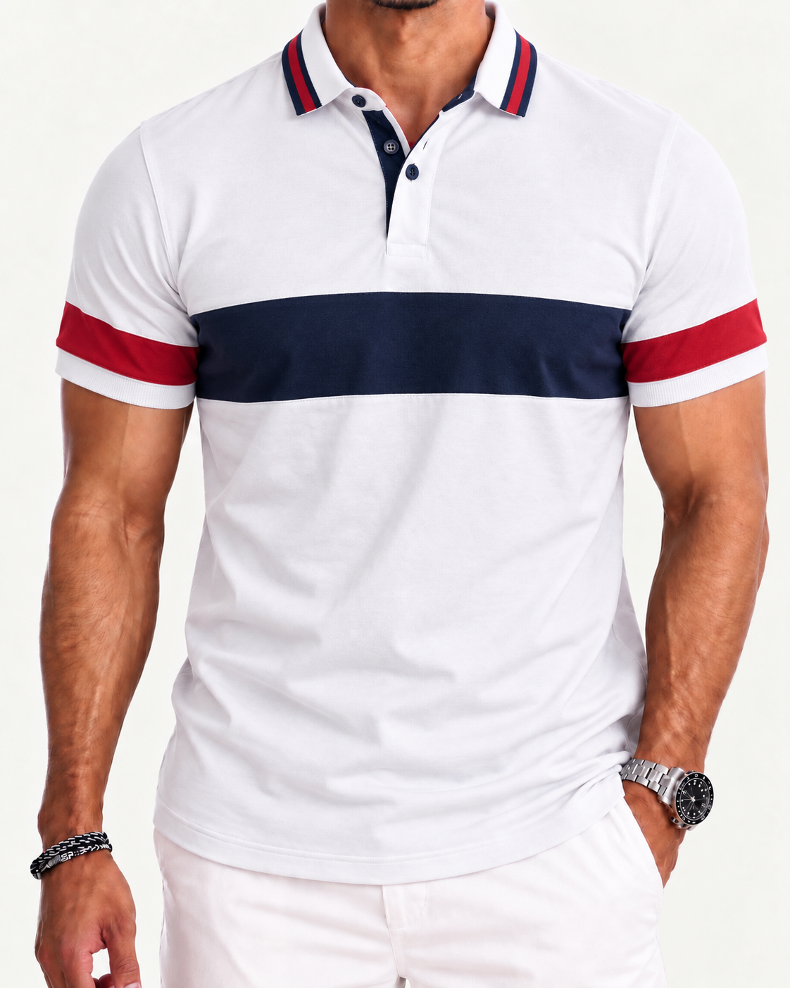 Playera Tipo Polo Rayas Altas - Blanca CL