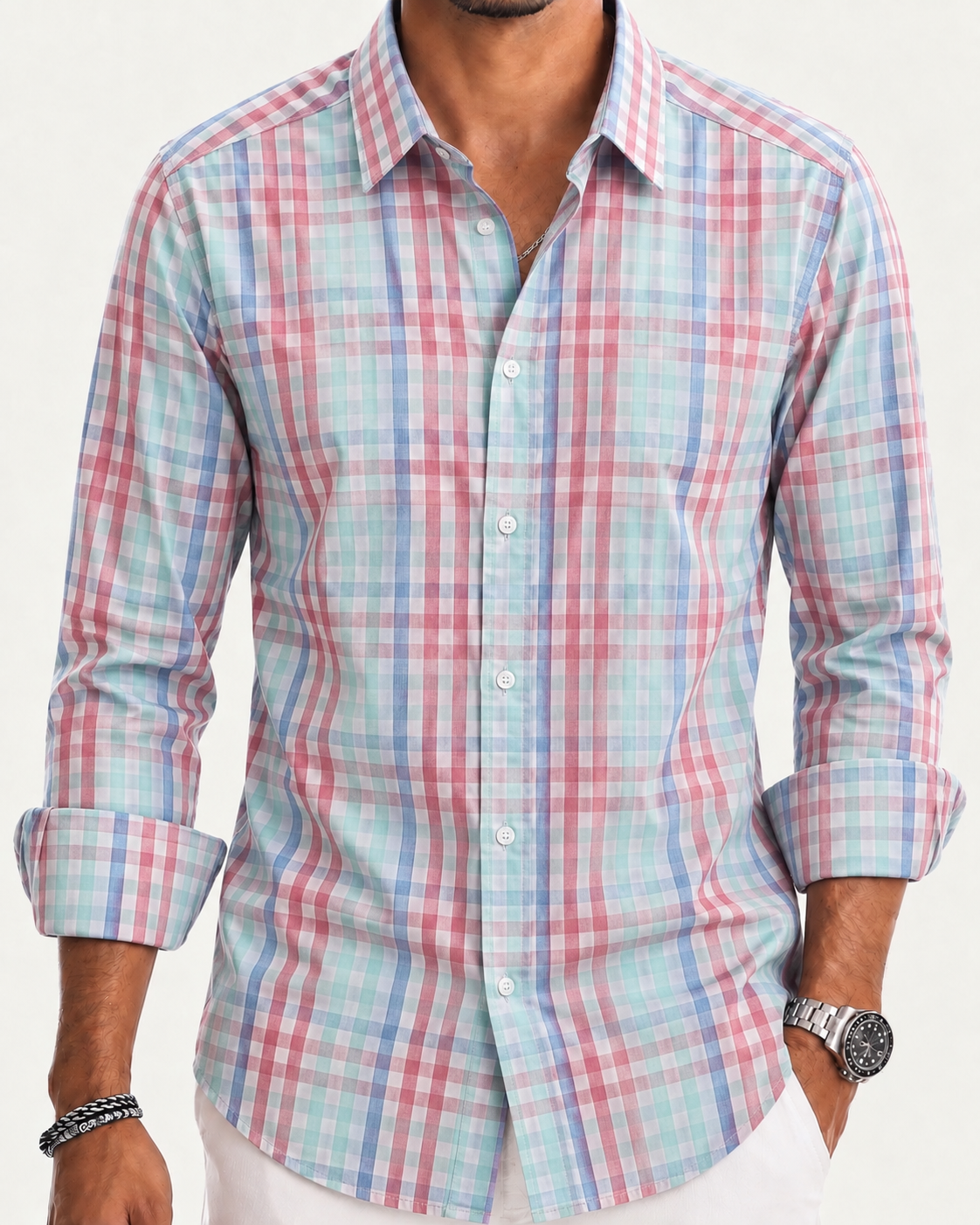Camisa Slim Manga Larga - Cuadros Rosado