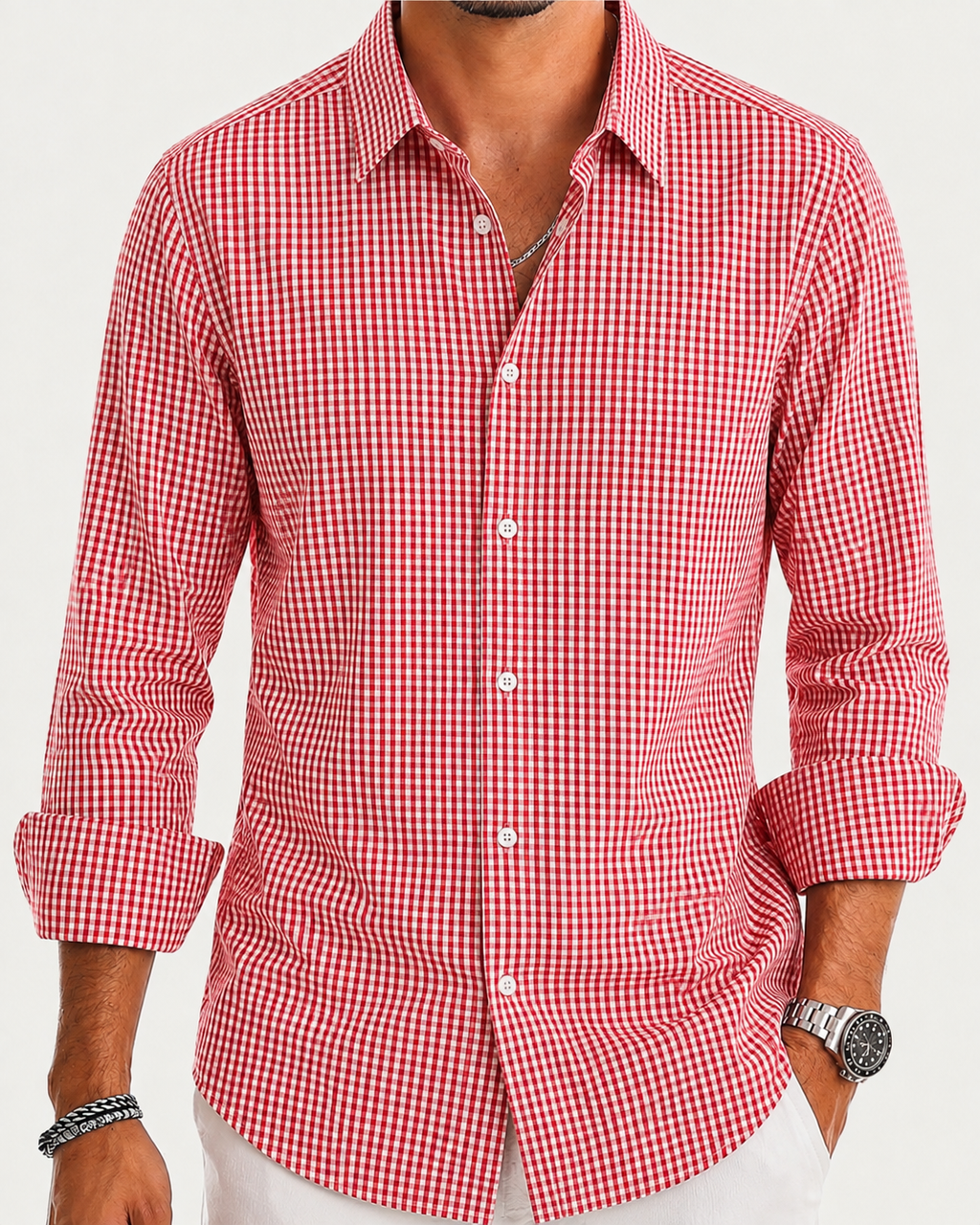 Camisa SlimManga Larga - Cuadritos Rojos