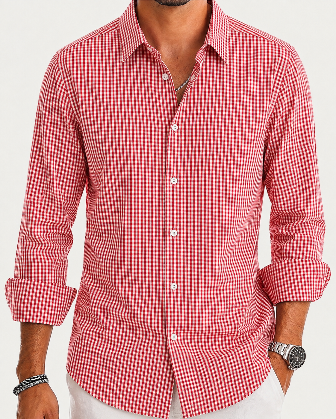 Camisa SlimManga Larga - Cuadritos Rojos