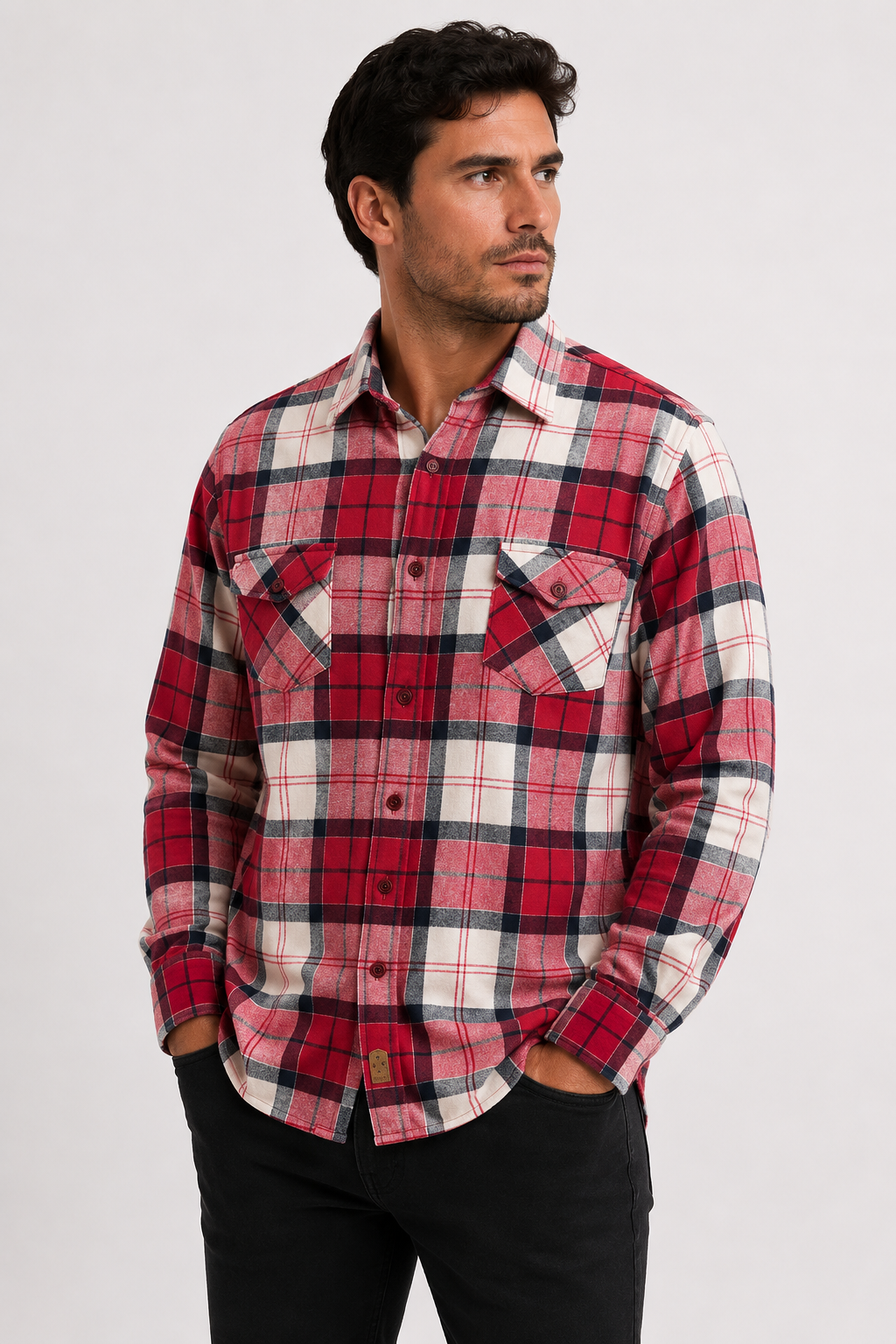 Camisa Manga Larga Slim de Franela - Cuadros Rojos