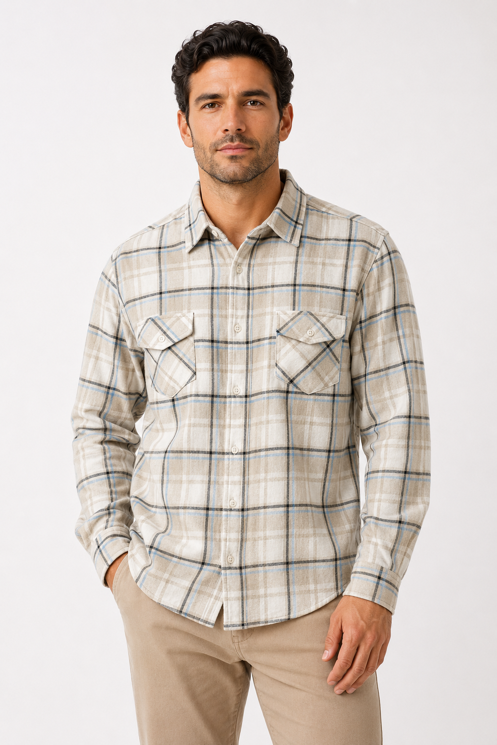 Camisa Manga Larga Slim de Franela -Hueso