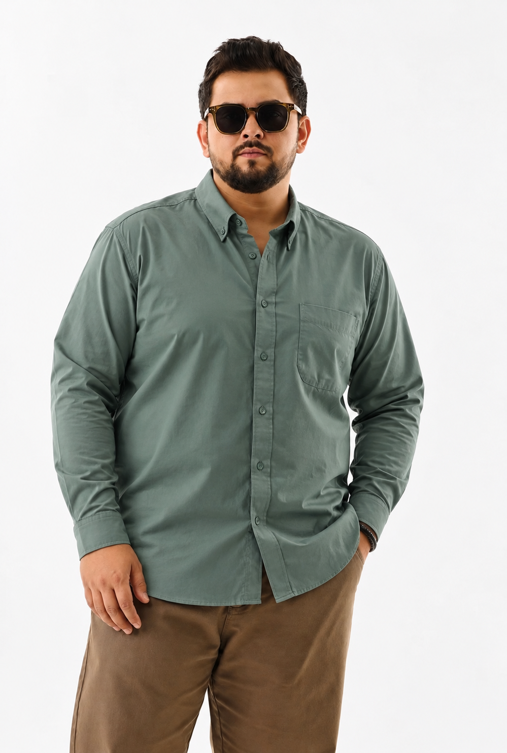 Camisa Regular Manga Larga - verde ocre